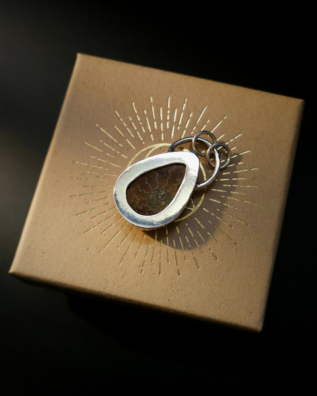 Teardrop shaped ammonite pendant laying face down to show its open setting at the back. Sterling silver. Sitting on a branded Wilde Folk Jewellery kraft box against a dark background.