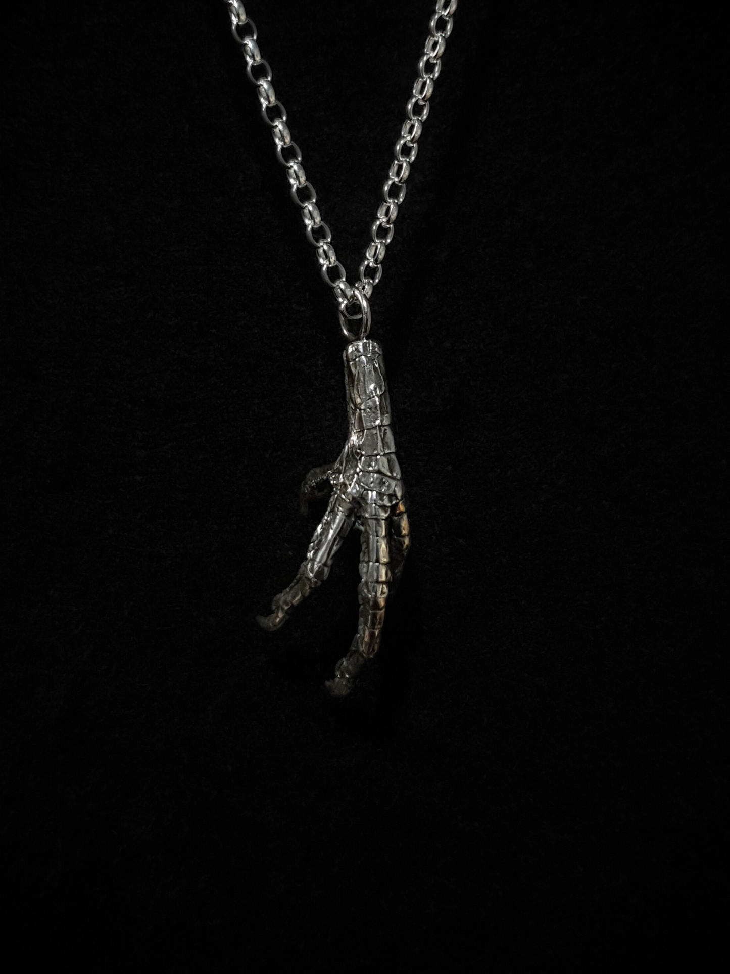 A solid silver casting of a pigeon claw hangs against a black background. This is a pendant and hung on a silver chain.
