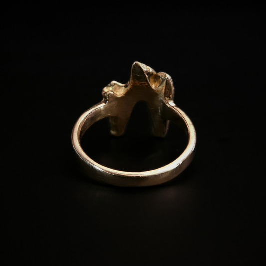 A chunky, luxury, solid gold ring made using the casting of a real fox tooth, sits against the black background. It has been photographed from the back to show that the inside of the ring is completely smooth for a comfortable wear. The yellow gold ring is in an alternative, heavy metal style for fans of the morbid, gothic, taxidermy and skeletons.