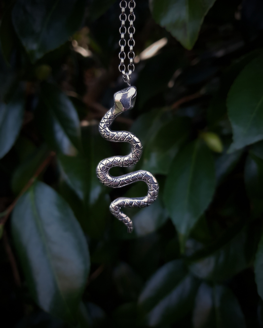 A large, solid sterling silver snake pendant hangs from a thick belcher chain against a natural backdrop of dark, green leaves.
The snake is in a wavy position with its head at the top and the end of its tail at the bottom.