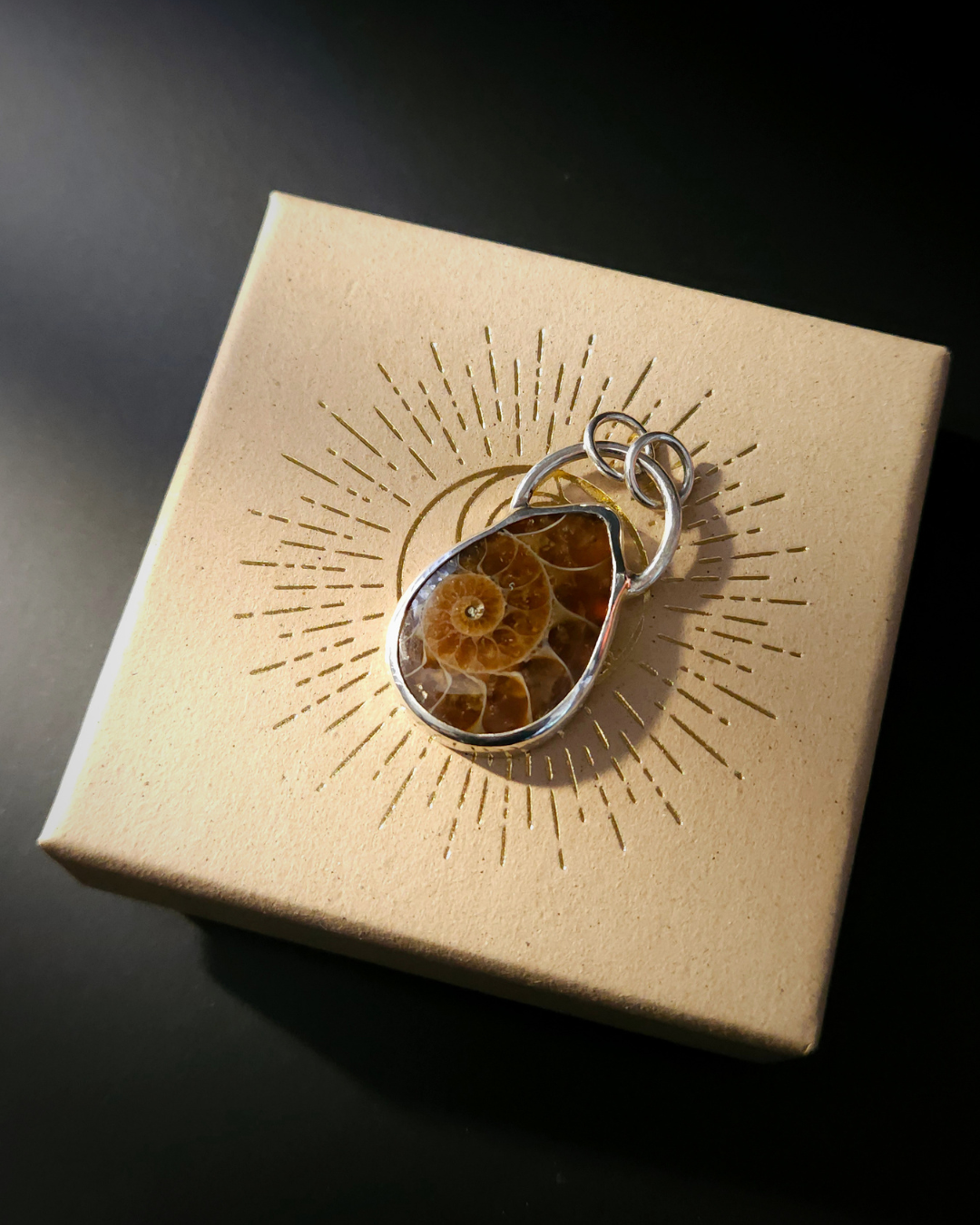 Golden, honey-coloured ammonite fossil pendant in a sterling silver setting.  Teardrop shaped. Sitting on a branded Wilde Folk Jewellery kraft box against a dark background.