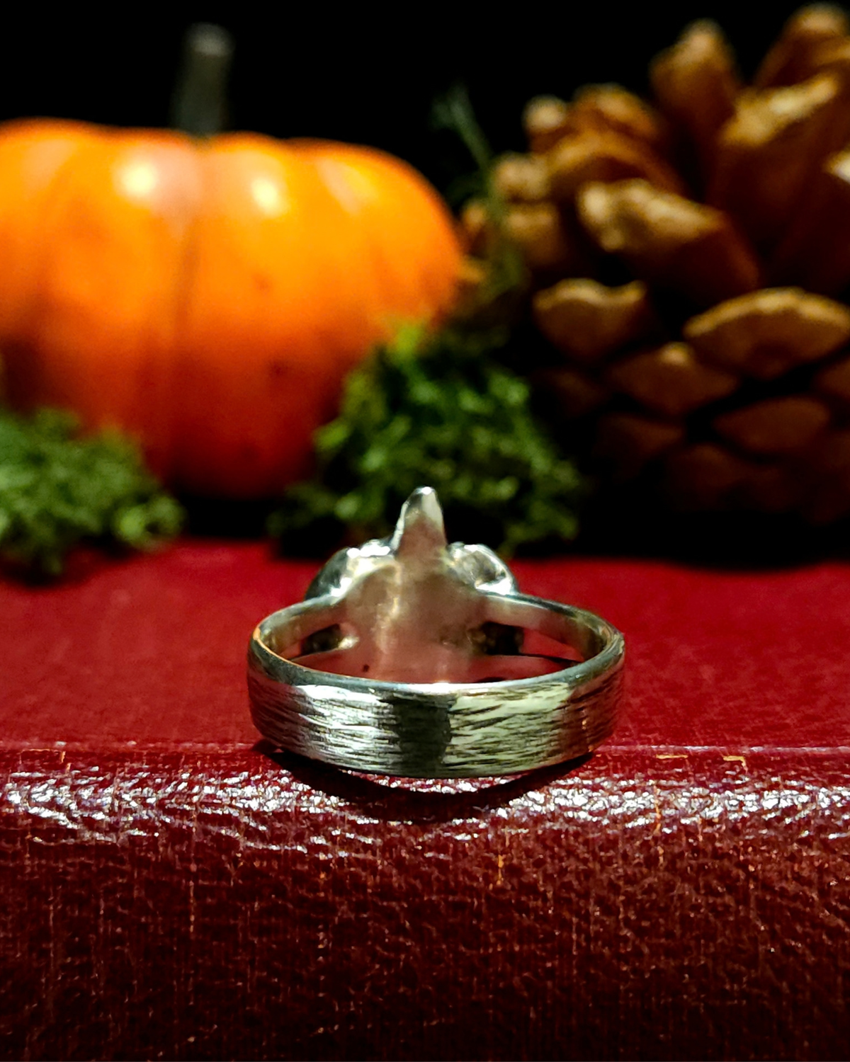 A sterling silver autumn pumpkin ring with dark oxidised detailing, displayed on a textured vintage red book. The ring is facing away to show how its made and its wide, textured band.
There is moss, an orange pumpkin and pine cone in the background to create a warm, autumnal mood. The background is out of focus.
