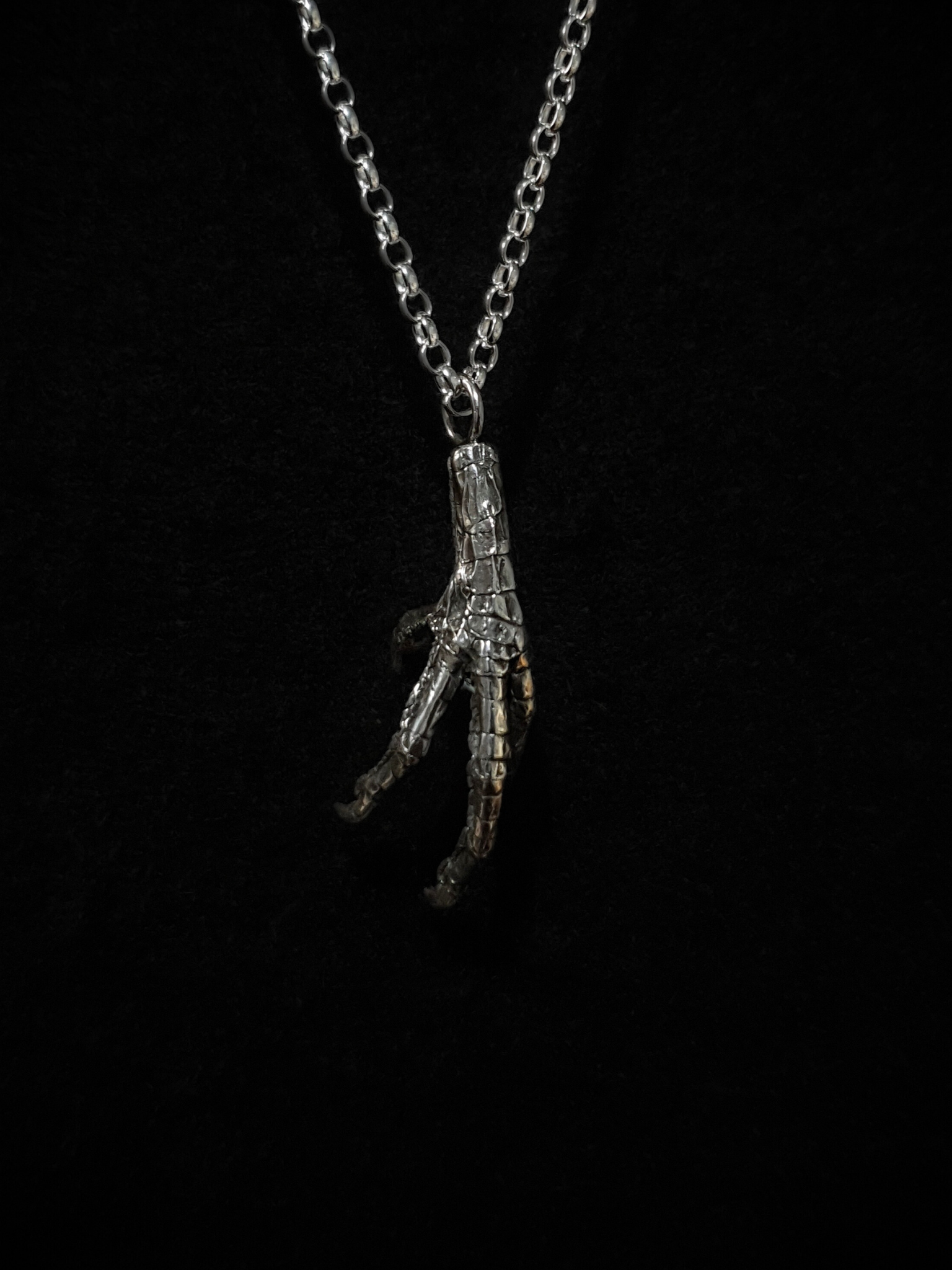 A solid silver casting of a pigeon claw hangs against a black background. This is a pendant and hung on a silver chain.