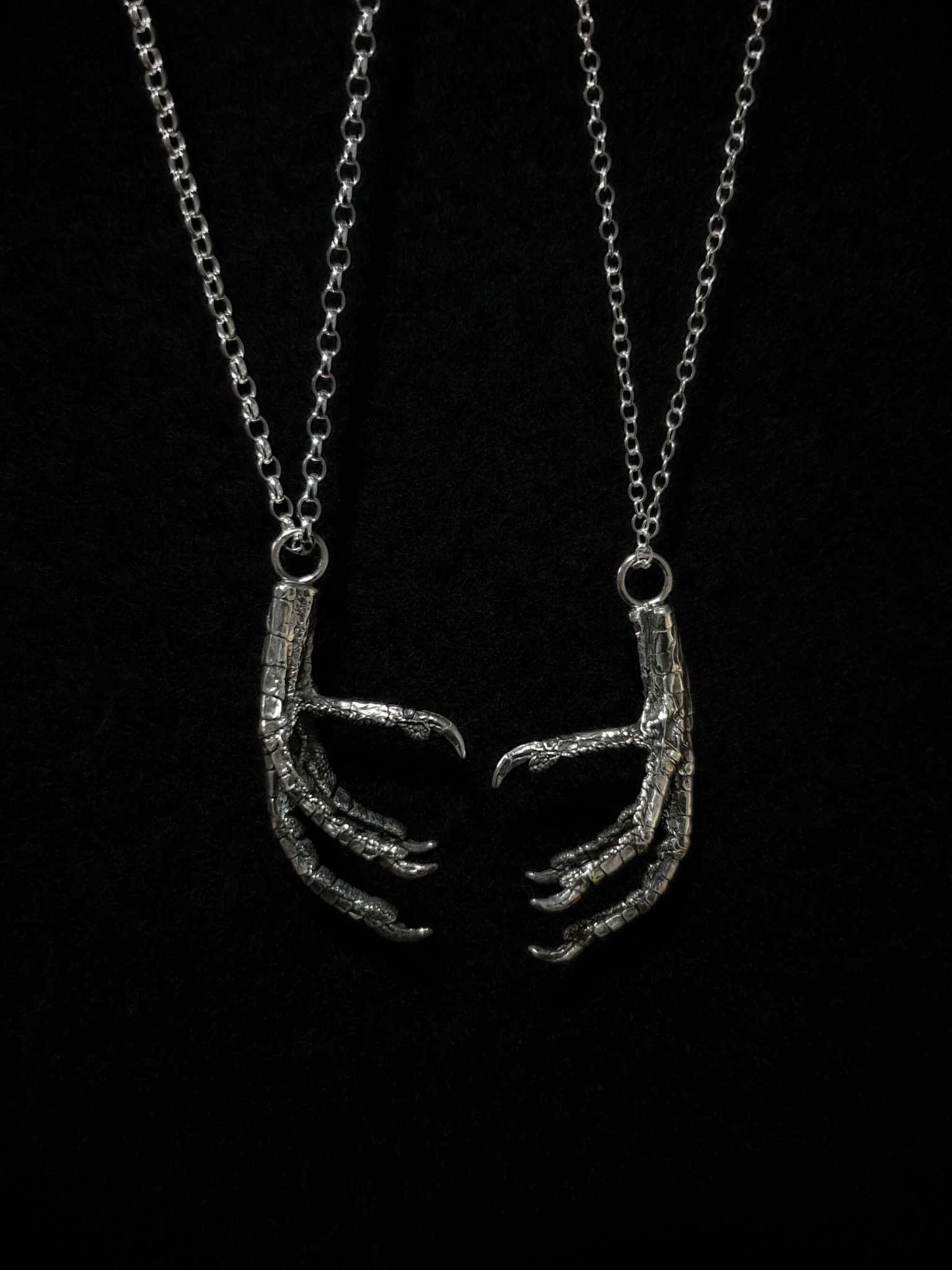 Two silver pendants, displayed on a thin trace and thick belcher chain for size comparison, hang against a black background.
The pendants are solid silver castings of pigeon claws at their real size.