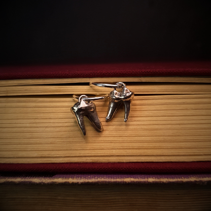 Two silver fox tooth hoop earrings are held by the hoops between the pages of an old, red, cloth-bound book. The teeth hang down.