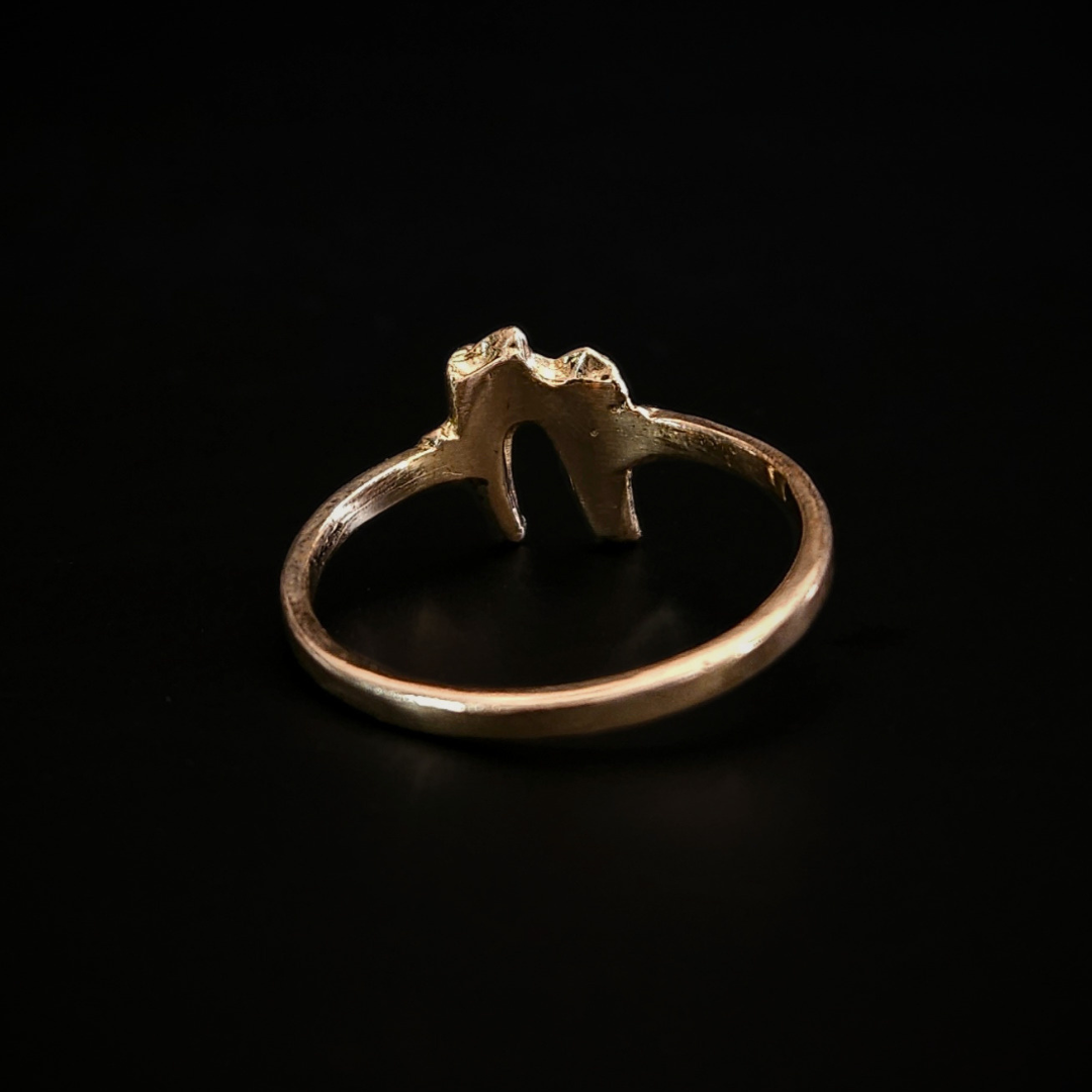 A dainty but luxurious, alt style, solid gold ring made using the casting of a real baby fox tooth, sits against the black background, photographed from the back to show that the inside of the ring is smooth for a comfortable wear. This lovely ring is perfect for fans of a witchy and gothic aesthetic and fans of folklore and natural history.