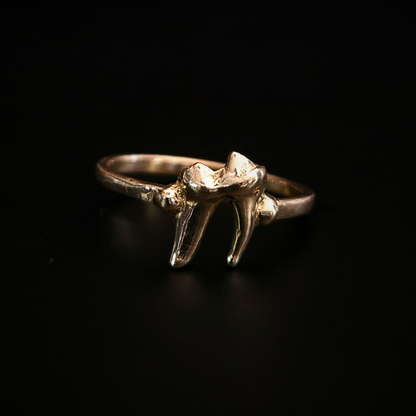 A dainty, alternative style, 9 carat yellow gold ring made using the casting of a real baby fox tooth, sits against the black background, photographed from the front. The pale silver ring has the textures of the foxes tooth from its life in the wilderness. It perfect for fans of a witchy and gothic aesthetic and fans of the unusual and oddities