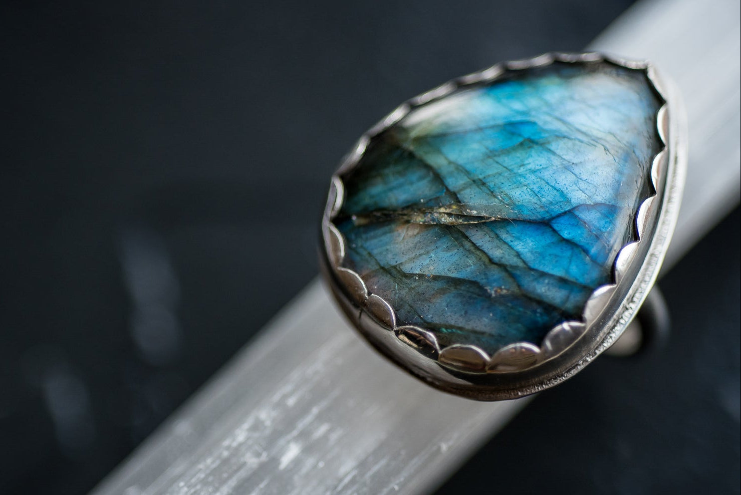 Labradorite Teardrop Ring in Sterling Silver with Scalop Bezel Setting
