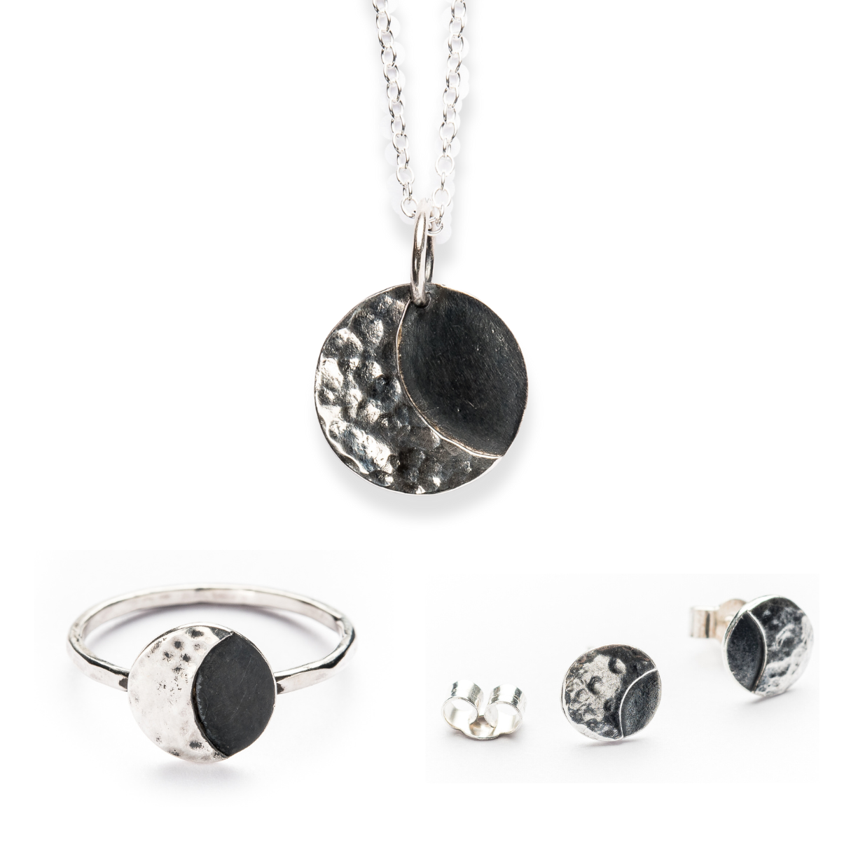 A set of lunar sterling silver jewellery including 2 rings, a pair of stud earrings, and a necklace, featuring a textured and smooth finish with a moon motif.