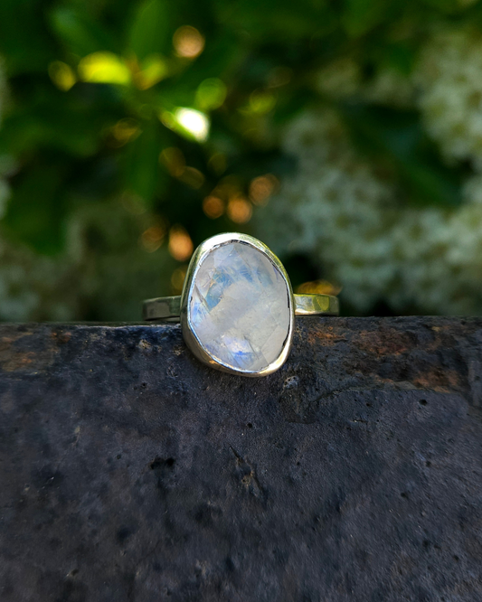 A freeform rainbow moonstone and sterling silver ring sit atop a garden wall with green foliage and white flowers in the background. The ethically sourced stone is rose-cut and displays gorgeous, blue, luminescence throughout. 