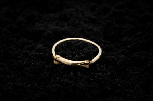9ct gold ring ring lays on black sand. Part of the band of the ring is the solid gold casting of a little bone