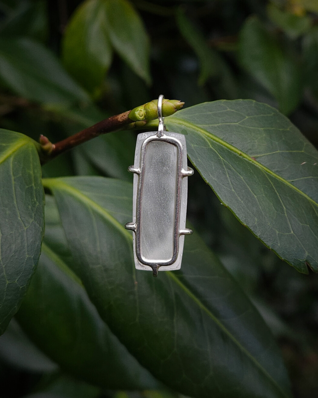 A rectangular, clear quartz pendant hangs from a thin branch, amongst large green leaves.  The photograph shows the pendant from the back to demonstrate how it's set in a simple, sterling silver setting to allow the light to shine through and illuminate the stone.