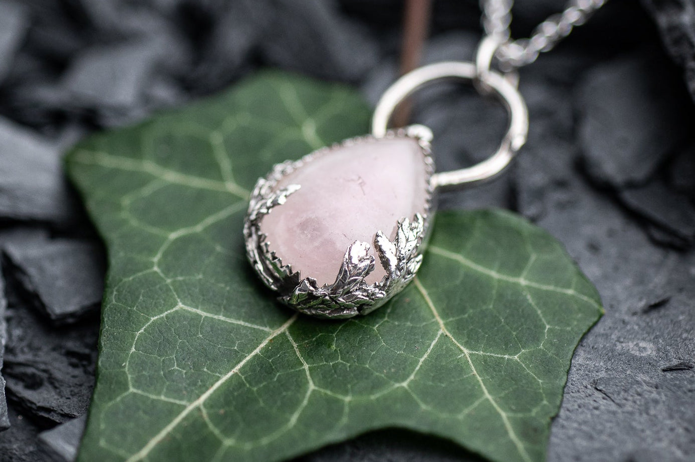 Rose Quartz Pendant with Botanical Details in Solid Sterling Silver