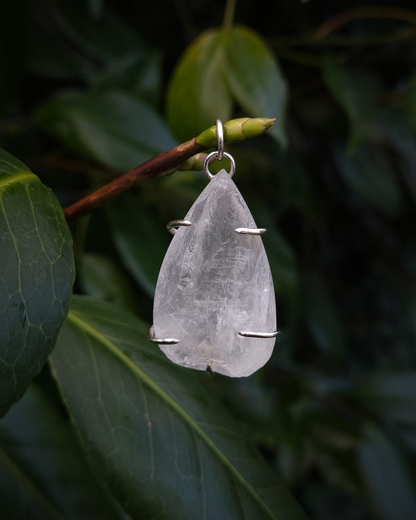 A teardrop shaped clear quartz pendant hangs amongst foliage from a thin twig. It is gripped by 3 recycled sterling silver claws and light by the daylight showing it's beautiful raw and rough natural texture.