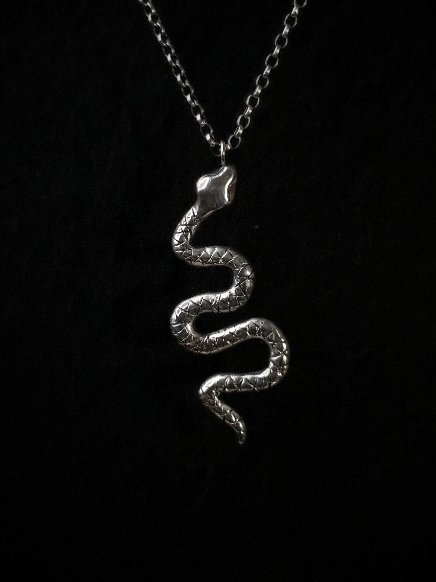 A large, solid sterling silver snake pendant hangs from a thick belcher chain on a black background. The snake is in a wavy position with its head at the top and the end of its tail at the bottom.