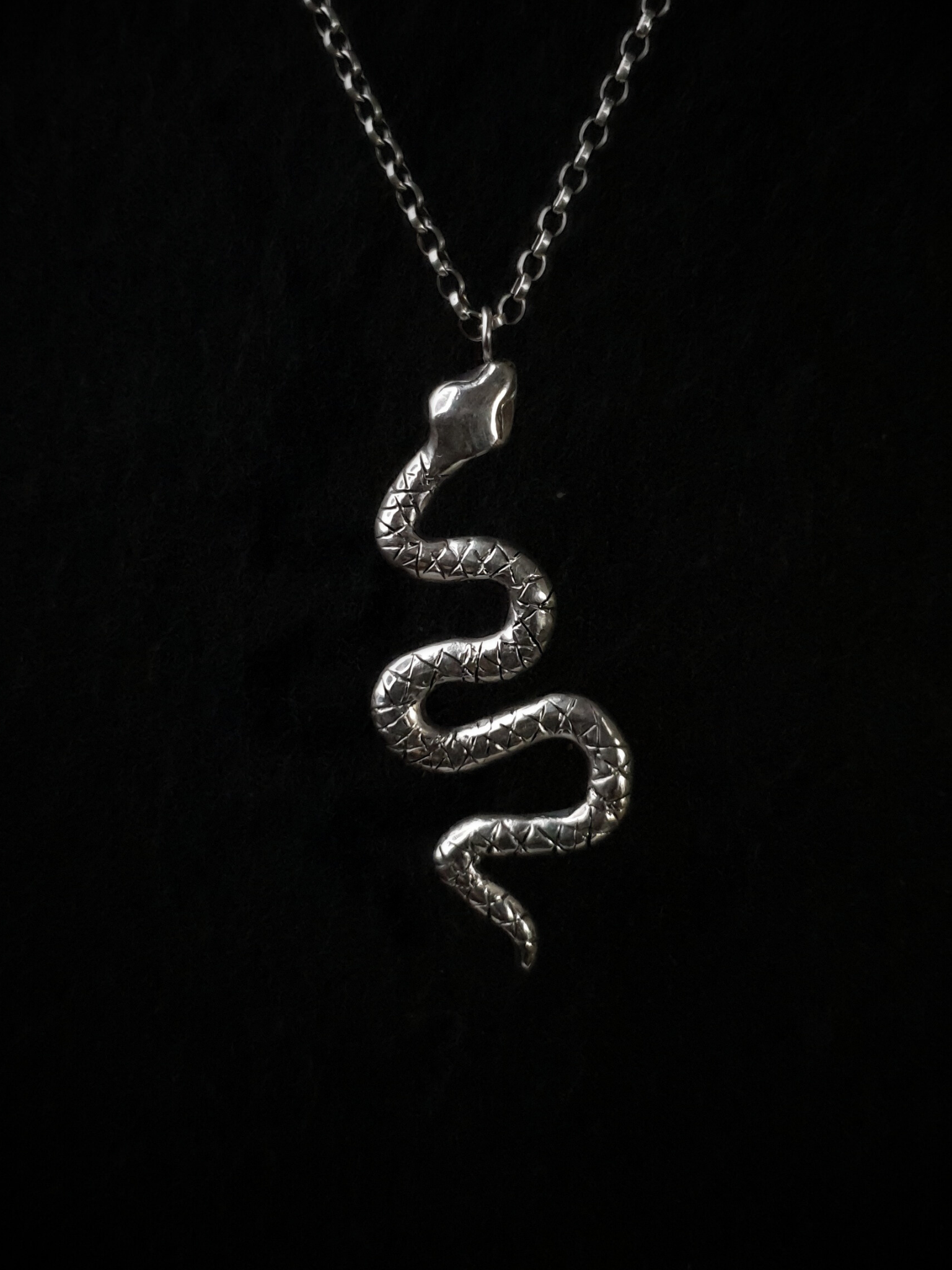 A large, solid sterling silver snake pendant hangs from a thick belcher chain on a black background. The snake is in a wavy position with its head at the top and the end of its tail at the bottom.