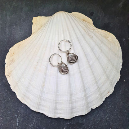 A pair of dainty, .999 fine silver shell hoop-earrings sit on a large white clam shell