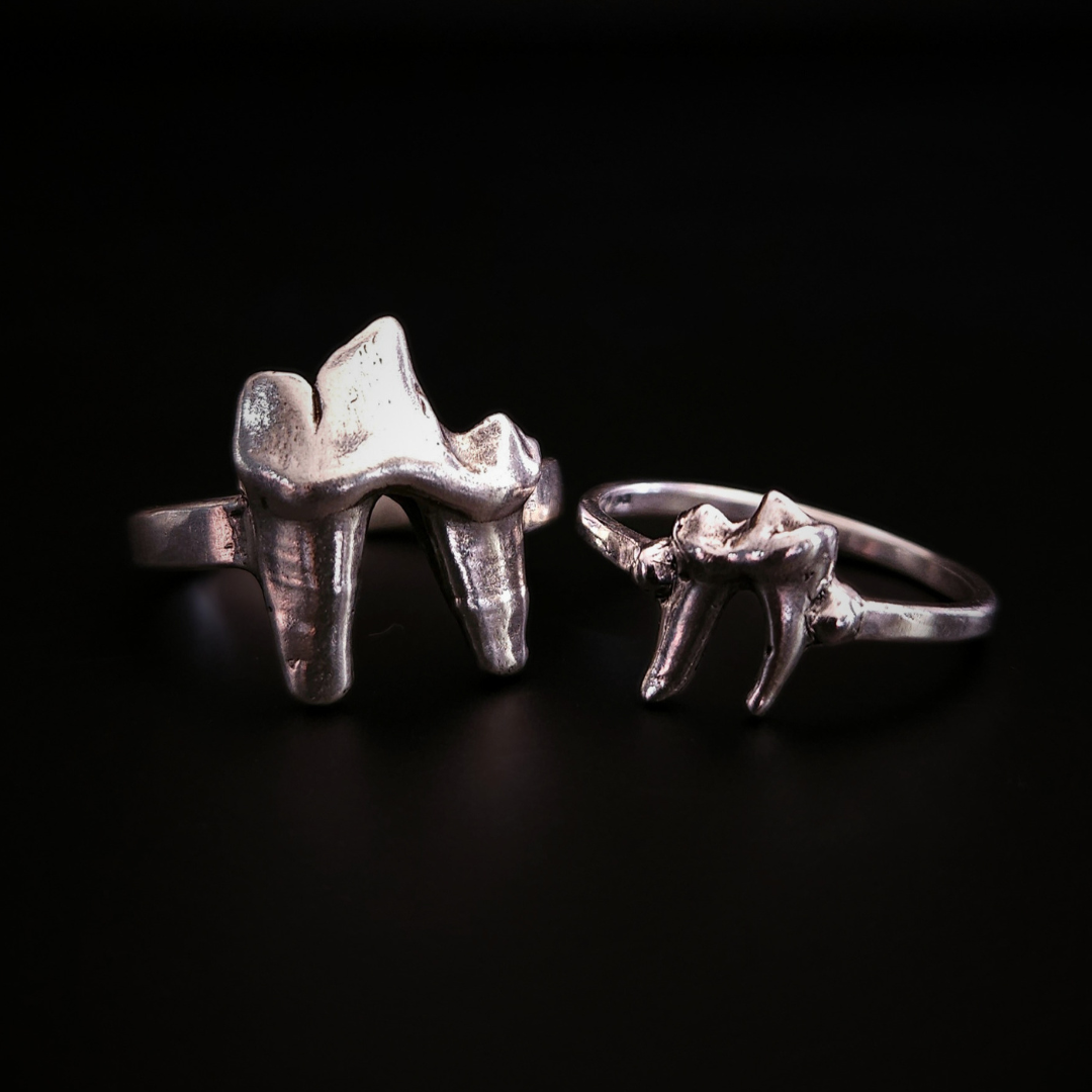 Two gothic style, solid silver rings made using the castings of real fox teeth, sit against a black background, photographed from the front. The sterling silver rings have been oxidised to show the natural wear and texture of the foxes teeh from their lives in the wilderness. Perfect for fans of a witchy and folkloric aesthetics and fans of alternative fashion and oddities.