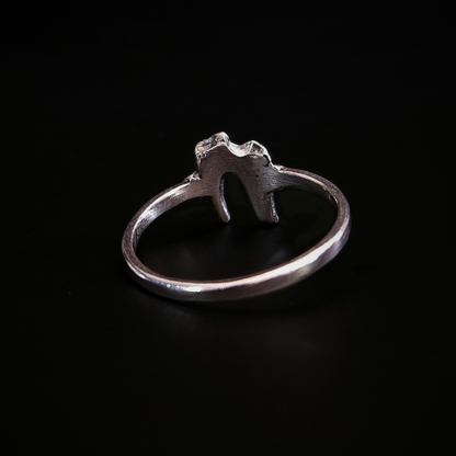 A dainty, alt style, solid silver ring made using the casting of a real baby fox tooth, sits against the black background, photographed from the back to show that the inside of the ring is smooth for a comfortable wear. The pale silver ring has been oxidised to show the natural wear and texture of the foxes tooth from its life in the wild. It perfect for fans of a witchy and gothic aesthetic and fans of folklore and natural history.