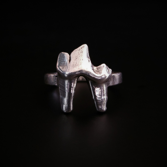 A chunky, luxury, solid silver ring made using the casting of a real fox tooth, sits against the black background, photographed from the front. The pale silver ring has been oxidised to show the natural wear and texture of the foxes tooth from its life in the wild. It is in an witchy, alternative style for fans folklore and gothic fashion.