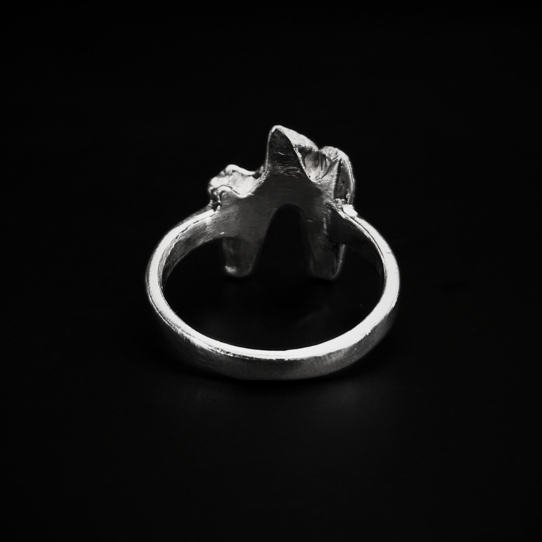 A chunky, luxury, solid silver ring made using the casting of a real fox tooth, sits against the black background. It has been photographed from the back to show that the inside of the ring is completely smooth for a comfortable wear. The pale silver ring is in an alternative, heavy metal style for fans curios, oddities, taxidermy and skeletons.
