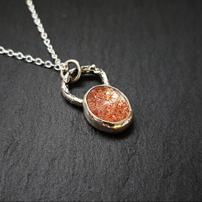 Oval Rose Cut Sunstone Set in Sterling Silver with Twig Detail Necklace