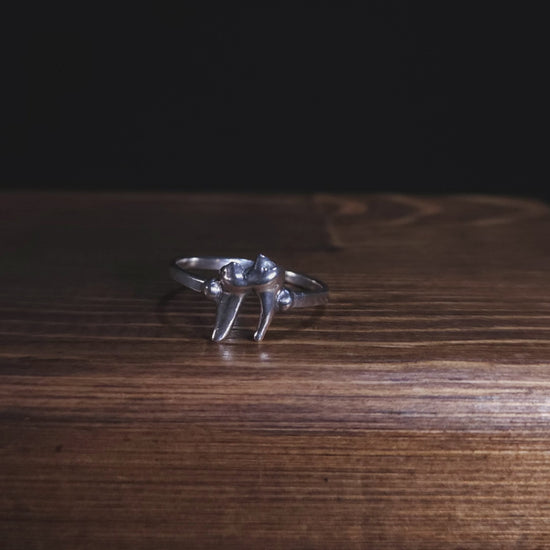 A stop motion video shows a sterling silver fox tooth ring rotating clockwise so you can see it from all angles.