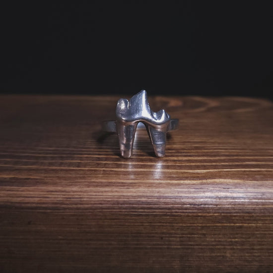 A stop motion video shows a sterling silver fox tooth ring rotating clockwise so you can see it from all angles.