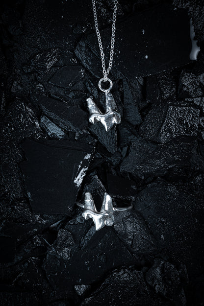A silver necklace made from the casting of a fox tooth, and a ring in the same style, sit on a background of wet, black slate. The photograph is taken from the top down. This is a stunning taxidermy style jewellery set for fans of alternative jewellery, folklore and witchy, gothic aesthetics.